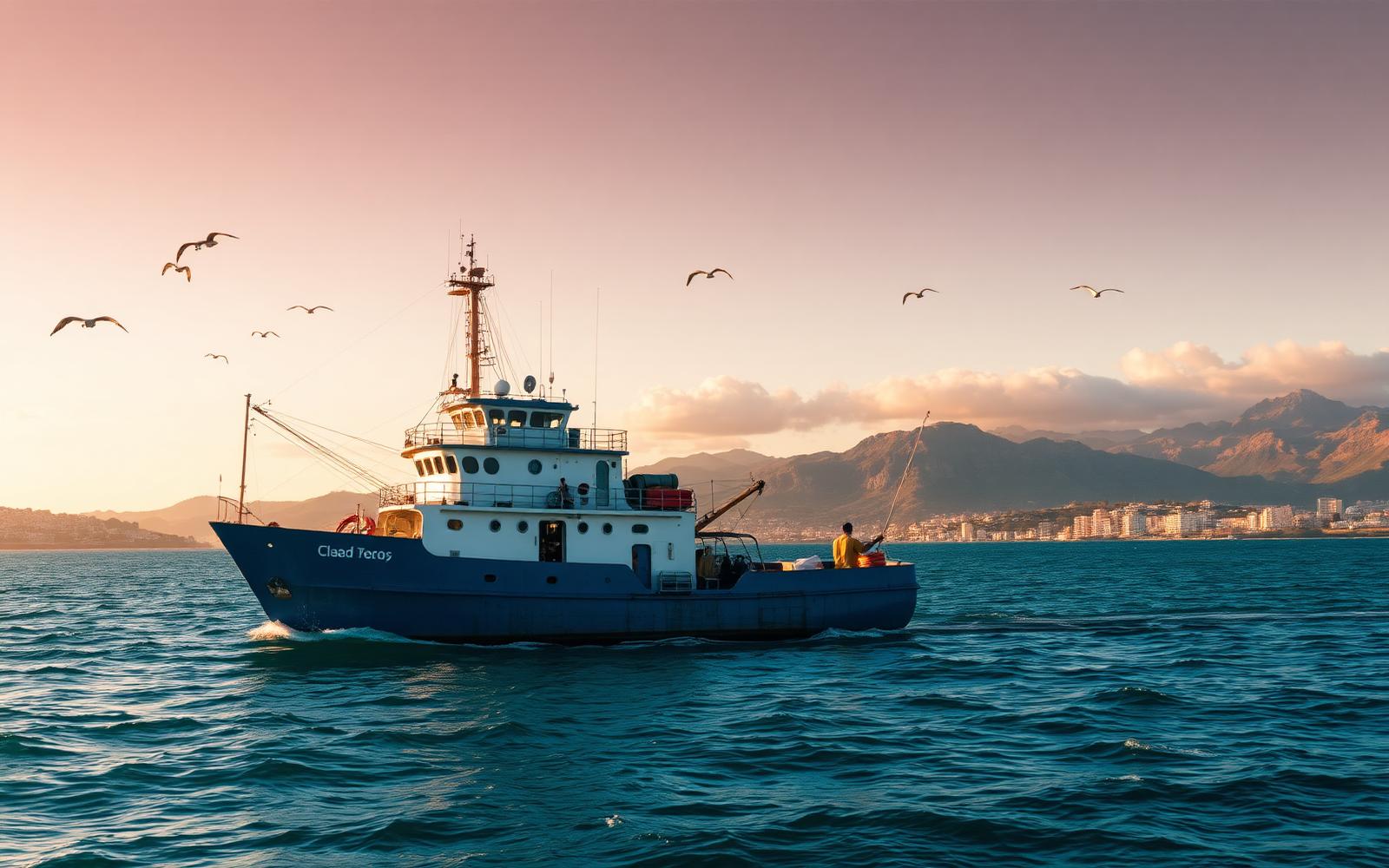 Barco pesquero navegando al atardecer frente a la costa de Manta, Ecuador